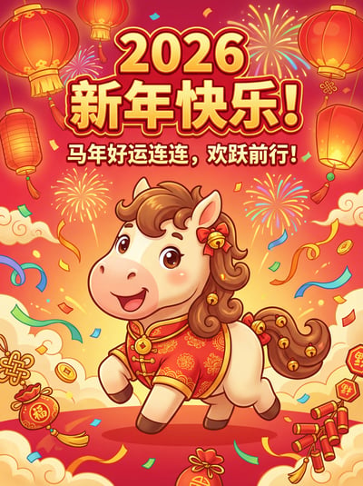 Chinese New Year 2026 greeting card with cute cartoon horse, lanterns, fireworks, gold coins, and Chinese text.