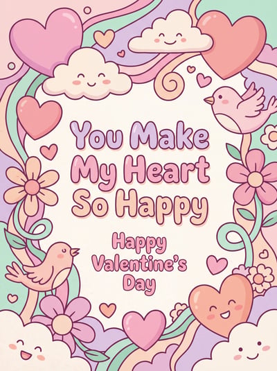 Cute Valentine greeting card with hearts, clouds, flowers, birds, and hand-lettered message.