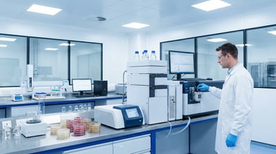 Scientist in a food testing laboratory with analytical equipment, sample dishes, and clean bright workspace.