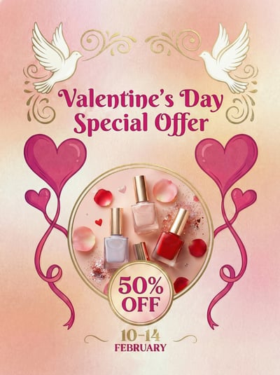 Pink Valentine special offer flyer with hearts, gift boxes, floral accents, and 50 percent discount badge.
