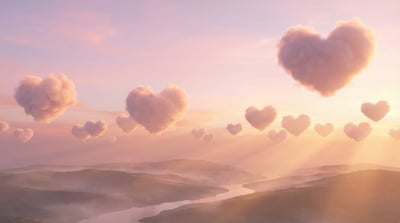 Dreamy sunset sky with heart-shaped clouds over soft mountains and glowing romantic light.