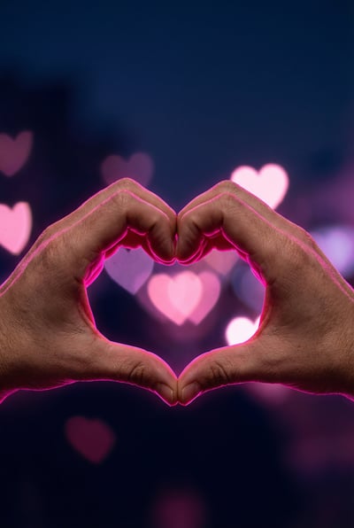 Hands forming a heart shape around glowing pink lights with soft-focus romantic night bokeh.