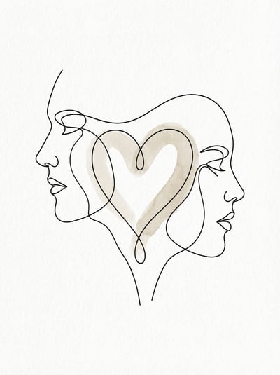 Minimal continuous line drawing of two face profiles connected by a heart on a white background.