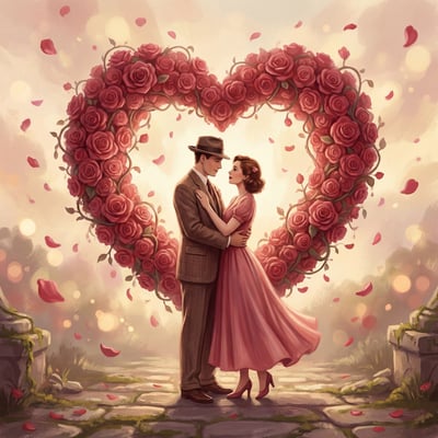 Romantic couple standing in front of a giant heart made of roses with petals falling in warm light.