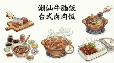 Chinese food menu illustration with Chaoshan beef brisket rice, Taiwanese braised pork rice, sauces, side dishes, and title text.
