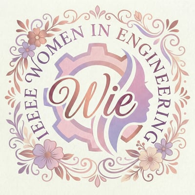 Women in Engineering badge logo with WIE lettering, circular text, floral ornaments, and pastel colors.