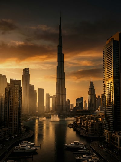 Dramatic Dubai skyline at sunset with Burj Khalifa, canal reflections, and dark golden clouds.