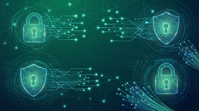 Cybersecurity background with glowing shield icons, lock symbols, teal circuits, and digital data protection effects.