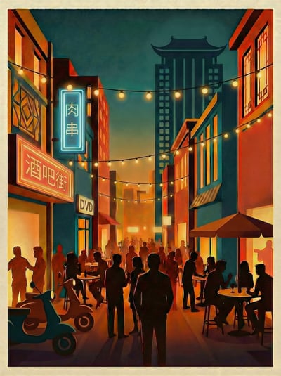 Illustrated Asian city street at night with glowing signs, pedestrians, scooters, and warm neon atmosphere.