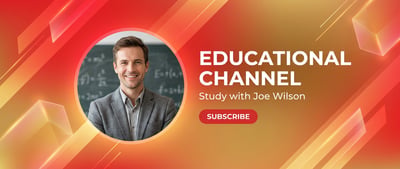 Educational YouTube channel banner with teacher portrait, red-orange geometric background, and subscribe button.