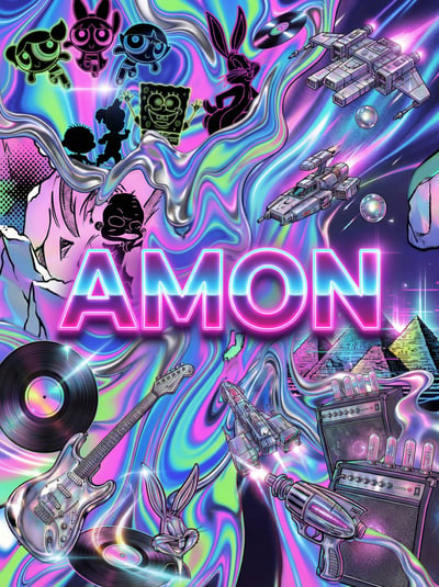 Neon anime-style AMON text effect poster with glitch colors, cosmic shapes, and energetic abstract background.