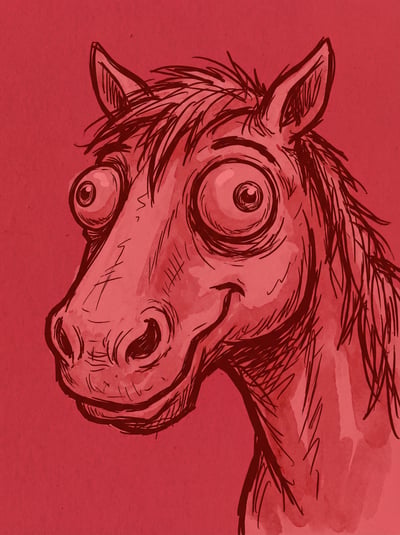 Quirky horse cartoon sketch with huge surprised eyes and rough red hand-drawn texture.