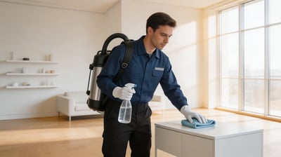 Uniformed cleaning professional wiping a countertop in a bright modern home interior with service equipment.