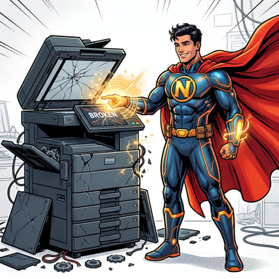 Comic superhero in blue suit and red cape touching a broken photocopier screen as if repairing it, with action lines and white background.