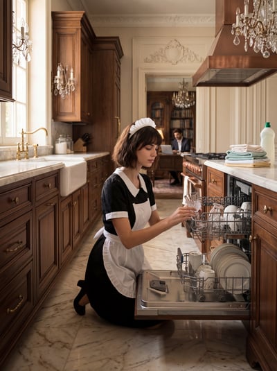 Luxury European kitchen scene with a uniformed figure using a modern dishwasher, marble countertops, brass fixtures, crystal lighting, and warm wood cabinetry.