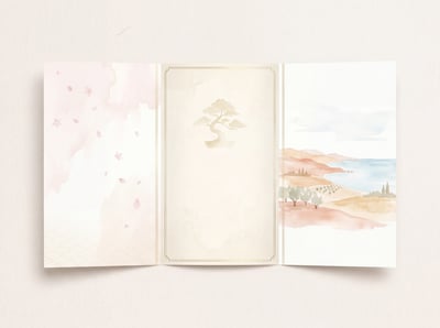 Soft tri-fold brochure interior background with pale cherry blossoms, Japanese wave pattern, bonsai silhouette, Calabrian hills, sea wash, and delicate gold divider lines.