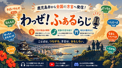 Japanese dialect radio YouTube banner with bold Japanese title, Kagoshima cityscape, Mt. Sakurajima, castle, hibiscus flowers, speech bubbles, and warm sunset colors.