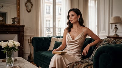 Elegant AI influencer seated in a Parisian apartment wearing a champagne satin dress, gold jewelry, and soft warm editorial lighting.
