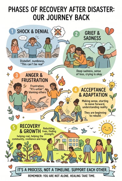 Hand-drawn school infographic titled Phases of Recovery After Disaster: Our Journey Back with illustrated sections for shock and denial, grief and sadness, anger and frustration, acceptance and adaptation, and recovery and growth.