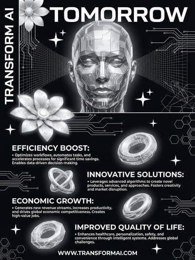Black-and-white Transform AI infographic poster with portrait, efficiency, innovation, growth, and quality-of-life sections.