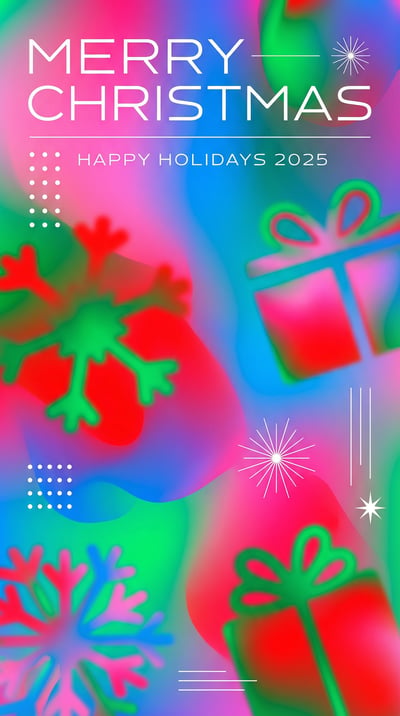 Modern Merry Christmas 2025 greeting card with neon pink, green, and blue gradients, gift silhouettes, snowflakes, and white holiday typography.