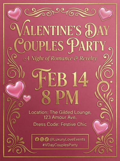 Valentine couples party invitation with ornate frame, pink hearts, February 14 date, time, location, and RSVP details.