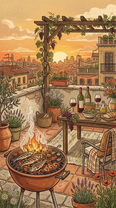 Retro illustration of a rooftop cafe terrace with tables, plants, and sunset city view.