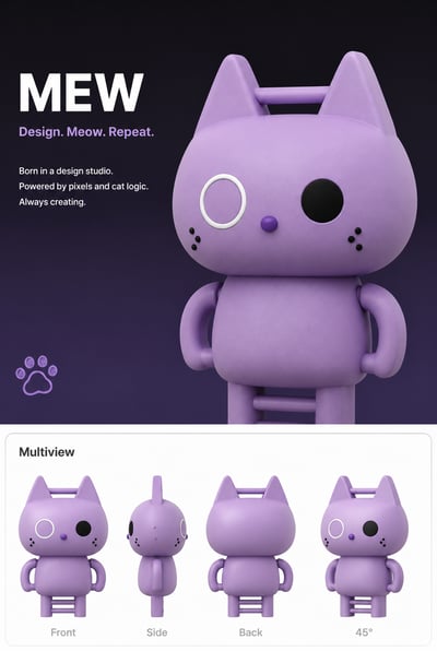 A lavender geometric cat toy character on a dark purple background with a multiview grid showing front, side, back, and 45-degree angles.