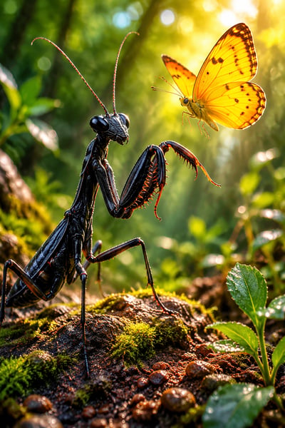 Macro wildlife photograph of a glossy black praying mantis facing a glowing yellow butterfly on mossy forest ground with golden sunlight and green bokeh.