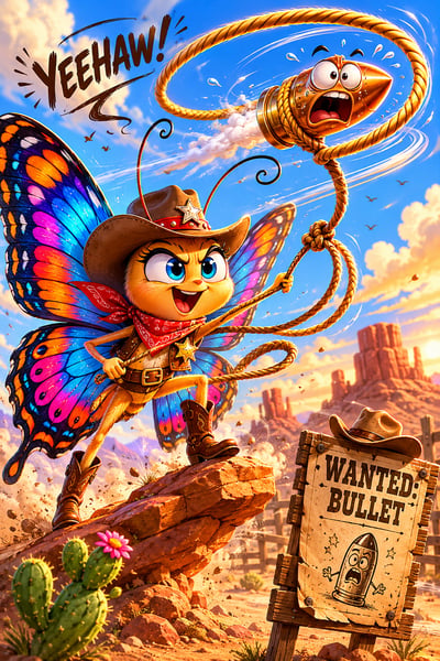 Whimsical cartoon butterfly wearing cowboy hat, boots, and red bandana lassoing a frightened bullet above a desert rock with cactus and wanted poster.