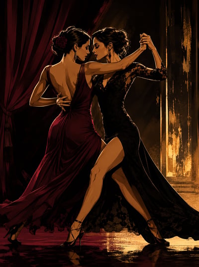 Stylized tango dance illustration of two women in burgundy and black dresses with flowing fabric, gold theatrical lighting, dark stage backdrop, and dramatic movement.