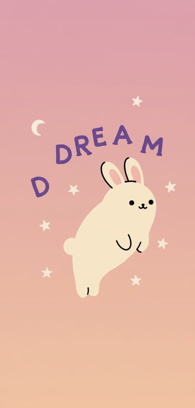 Cute bunny phone wallpaper with peach gradient background, moon and stars, and curved dream lettering.