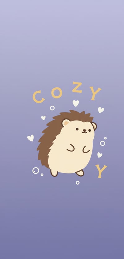 Cute hedgehog phone wallpaper with lavender gradient background, tiny hearts, circular accents, and cozy lettering.