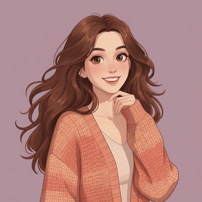 Illustrated girl avatar portrait with long wavy brown hair, orange cardigan, soft pink background, and friendly smile.