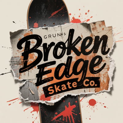 Grunge skateboard logo with torn paper texture, black brush lettering, red paint splatter, distressed edges, and deck shape.