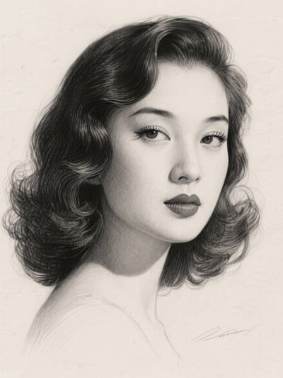 Detailed pencil portrait drawing of a woman with vintage curls, expressive eyes, soft graphite shading, and clean paper texture.