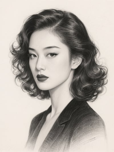 Classic pencil portrait of woman with wavy hair, dark blouse, strong gaze, and soft graphite shading.