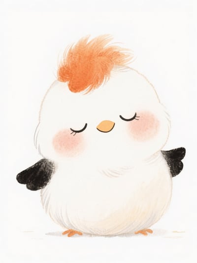 Cute chubby white chick character with sleepy eyes, orange feather tuft, rosy cheeks, and soft minimal watercolor style.