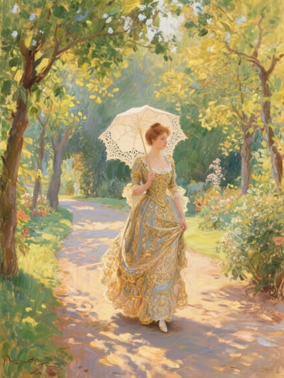 Painterly garden fashion illustration of woman in vintage dress with parasol, flowers, sunlit trees, and warm dappled light.
