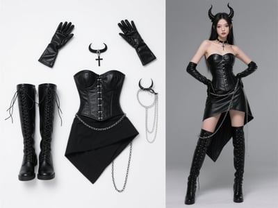 Black outfit flat lay with gloves, corset top, skirt, boots, jewelry accents, and matching model styling reference.