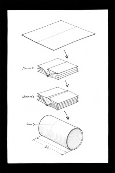 Black and white technical packaging diagram showing flat sheet, folded layers, cylindrical container form, arrows, and dimensions.
