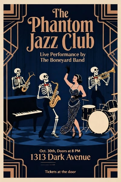 Art Deco jazz club poster with skeleton musicians, glamorous singer, black and gold frame, and live performance event details.