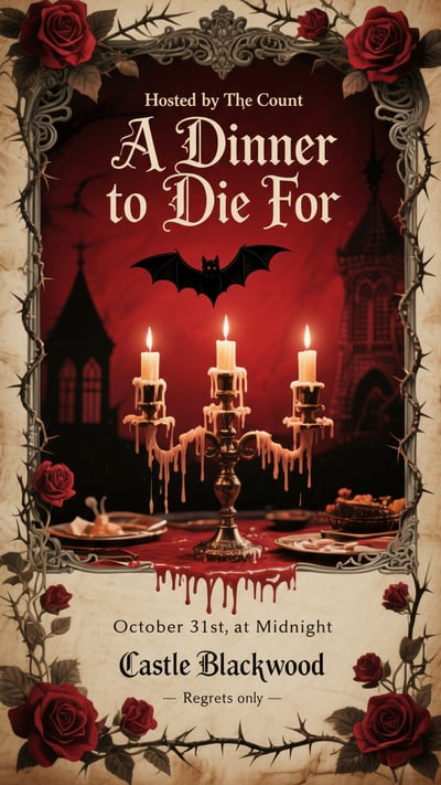 Victorian Gothic dinner party invitation with candlelit table, roses, bat silhouette, castle backdrop, and ornate border.