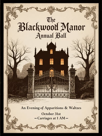 Sepia Gothic ball invitation with haunted manor silhouette, bare trees, ornate border, parchment texture, and event details.