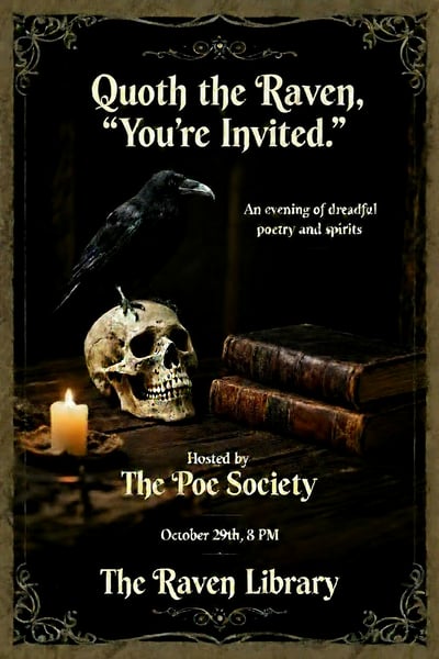 Gothic invitation poster with raven, skull, candles, antique books, ornate black frame, and old-library event text.