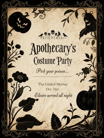 Vintage apothecary costume party invitation with parchment background, black botanical silhouettes, pumpkins, ornate frame, and party details.