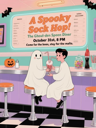 Retro Halloween diner invitation with ghost characters at a pastel counter, bats, event details, and Spooky Sock Hop headline.