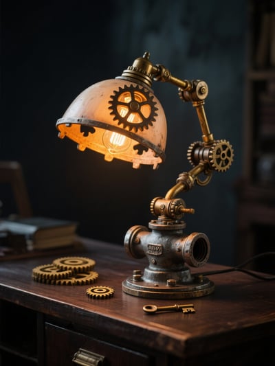 Steampunk-style desk lamp rendering with brass mechanical parts, warm amber glow, gears, and dark workshop tabletop.