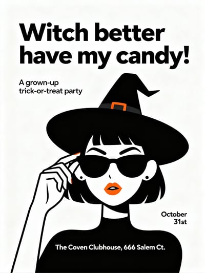 Black and white witch Halloween invitation card with sunglasses character, bold humorous headline, date, and venue details.