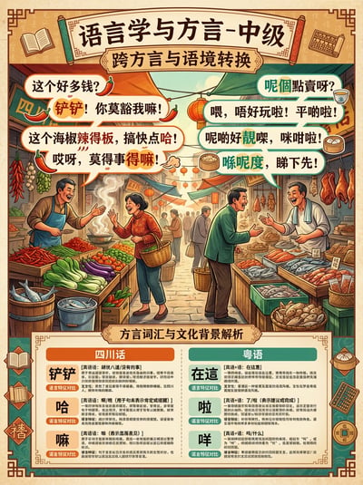 Chinese language learning poster with market scene illustration, dialogue bubbles, vocabulary blocks, and traditional border styling.